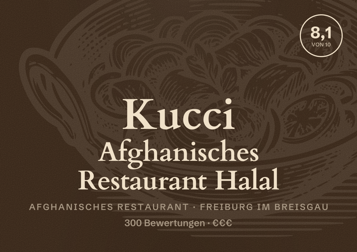 Illustriertes Poster von Kucci Afghanisches Restaurant Halal, Afghanisches Restaurant in Freiburg im Breisgau: Bewertung 8,1 von 10 aus 300 Bewertungen, Preisniveau €€€