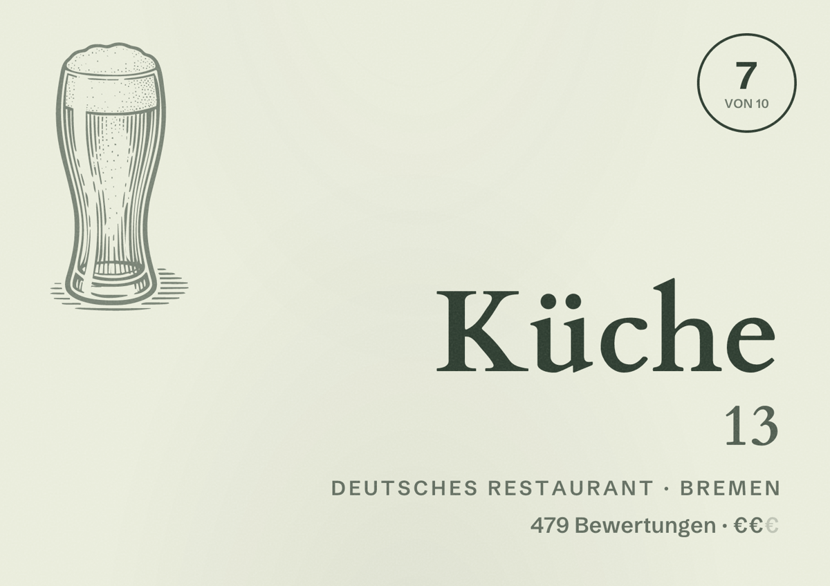 Illustriertes Poster von Küche 13, Deutsches Restaurant in Bremen: Bewertung 7 von 10 aus 479 Bewertungen, Preisniveau €€
