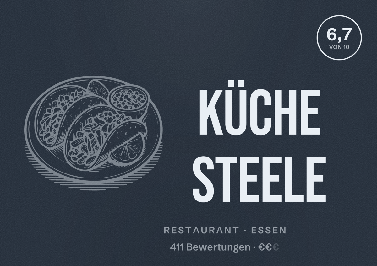 Illustriertes Poster von Küche Steele, Restaurant in Essen: Bewertung 6,7 von 10 aus 411 Bewertungen, Preisniveau €€