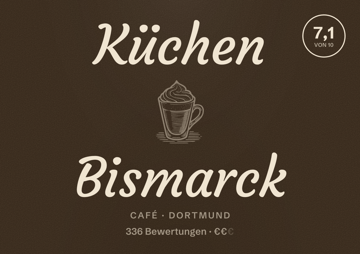 Illustriertes Poster von Küchen Bismarck, Café in Dortmund: Bewertung 7,1 von 10 aus 336 Bewertungen, Preisniveau €€