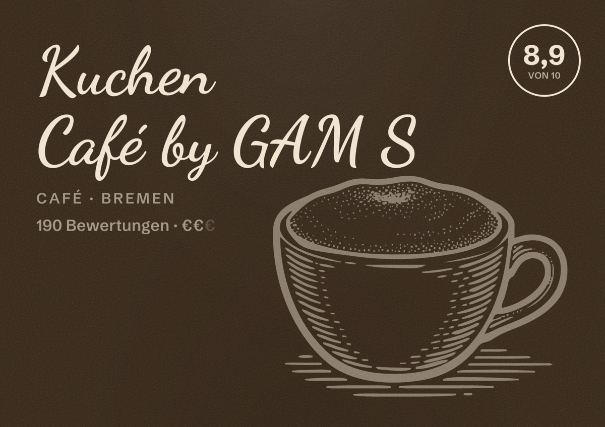 Illustriertes Poster von Kuchen Café by GAM S, Café in Bremen: Bewertung 8,9 von 10 aus 190 Bewertungen, Preisniveau €€