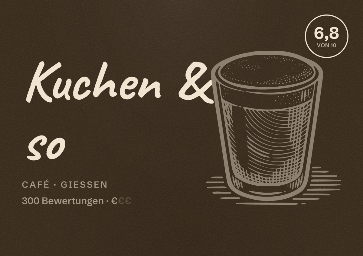 Illustriertes Poster von Kuchen & so, Café in Gießen: Bewertung 6,8 von 10 aus 300 Bewertungen, Preisniveau €