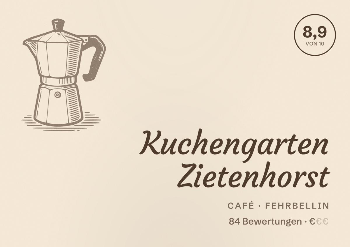 Illustriertes Poster von Kuchengarten Zietenhorst, Café in Fehrbellin: Bewertung 8,9 von 10 aus 84 Bewertungen, Preisniveau €