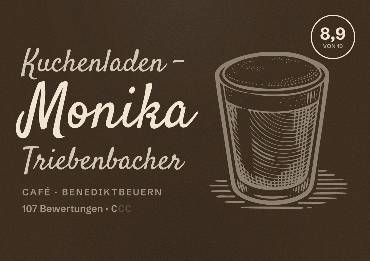 Illustriertes Poster von Kuchenladen - Monika Triebenbacher, Café in Benediktbeuern: Bewertung 8,9 von 10 aus 107 Bewertungen, Preisniveau €