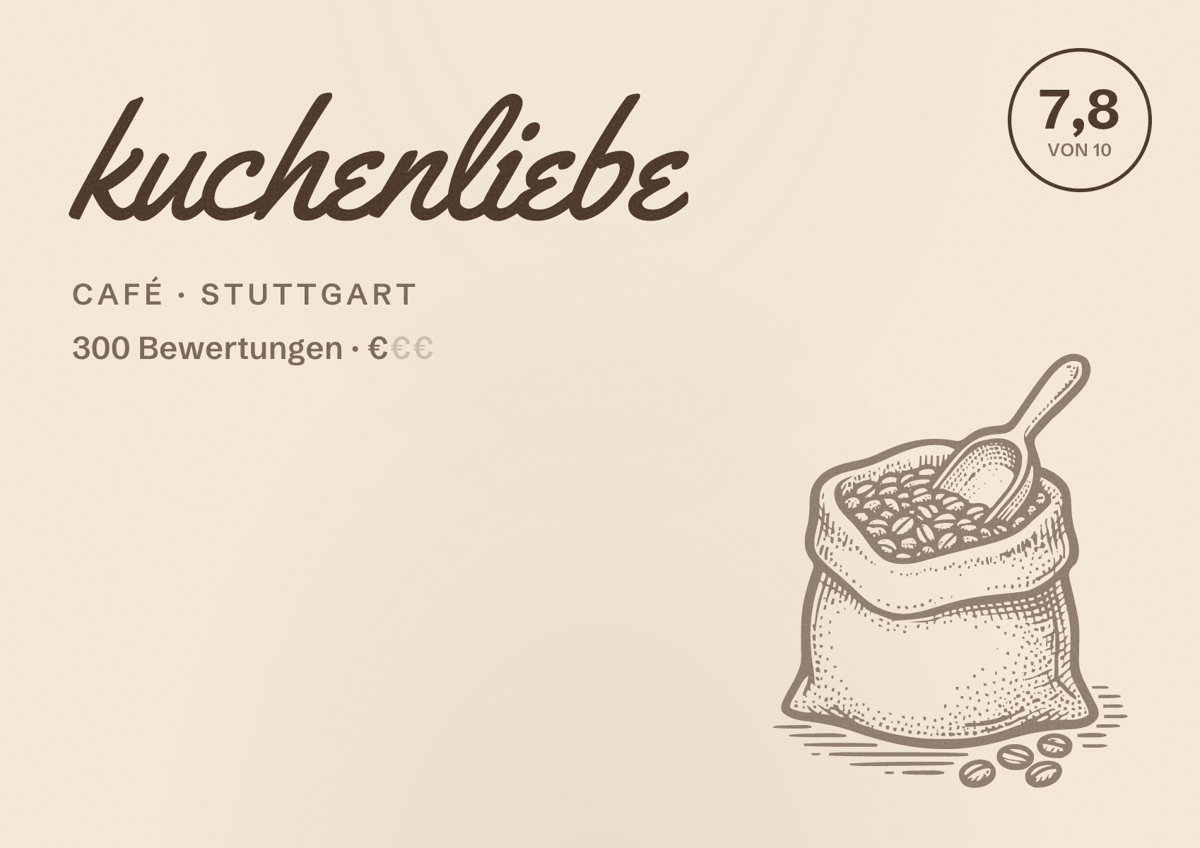 Illustriertes Poster von kuchenliebe, Café in Stuttgart: Bewertung 7,8 von 10 aus 300 Bewertungen, Preisniveau €