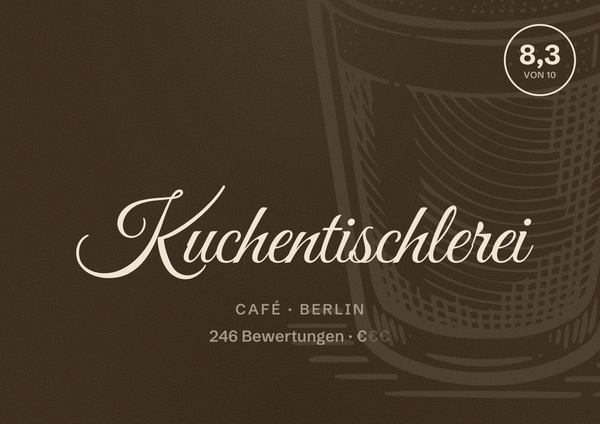 Illustriertes Poster von Kuchentischlerei, Café in Berlin: Bewertung 8,3 von 10 aus 246 Bewertungen, Preisniveau €