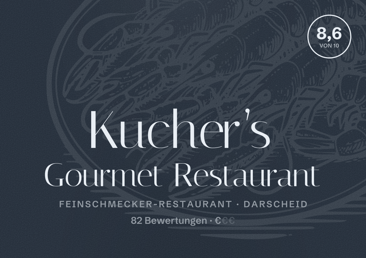 Illustriertes Poster von Kucher’s Gourmet Restaurant, Feinschmecker-Restaurant in Darscheid: Bewertung 8,6 von 10 aus 82 Bewertungen, Preisniveau €