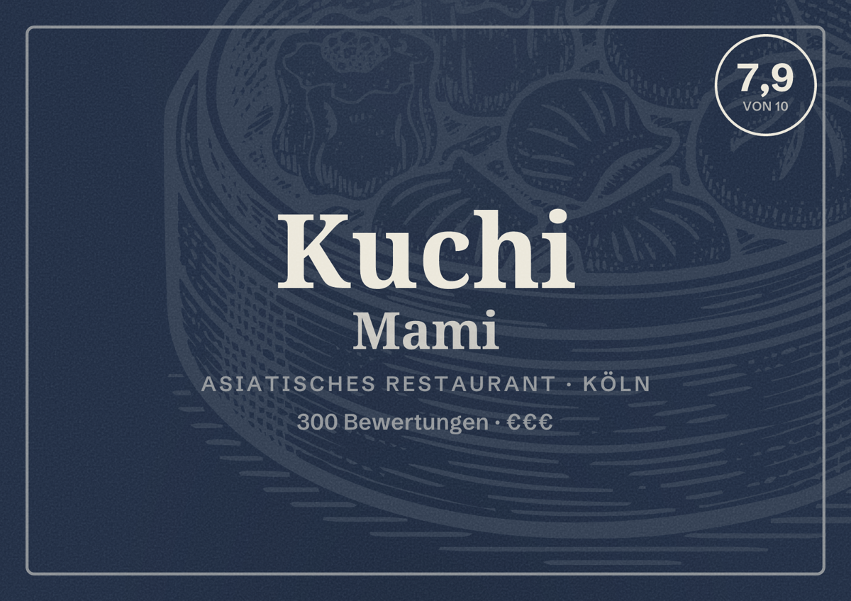 Illustriertes Poster von Kuchi Mami, Asiatisches Restaurant in Köln: Bewertung 7,9 von 10 aus 300 Bewertungen, Preisniveau €€€