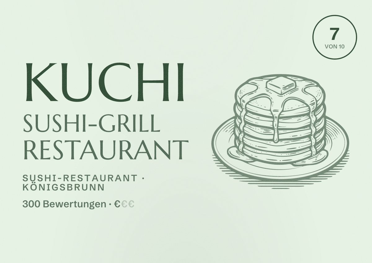 Illustriertes Poster von Kuchi Sushi-Grill Restaurant, Sushi-Restaurant in Königsbrunn: Bewertung 7 von 10 aus 300 Bewertungen, Preisniveau €