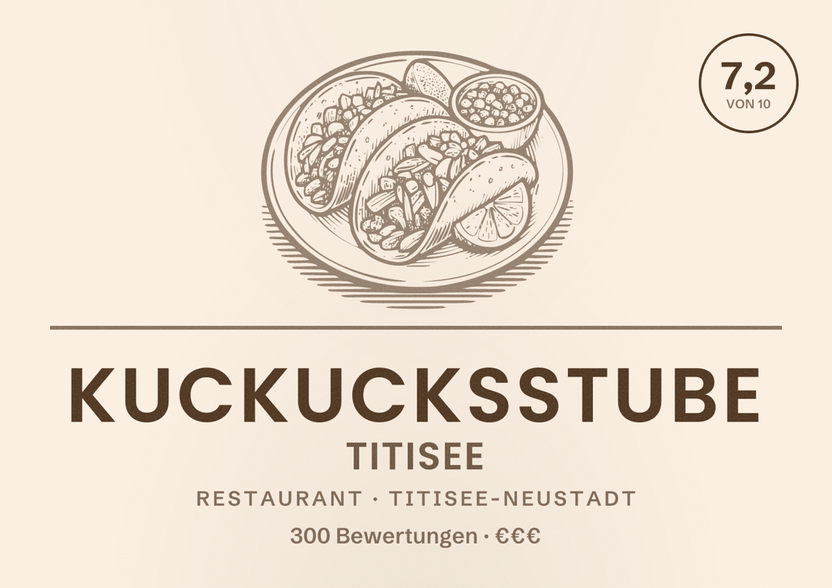 Illustriertes Poster von Kuckucksstube Titisee, Restaurant in Titisee-Neustadt: Bewertung 7,2 von 10 aus 300 Bewertungen, Preisniveau €€€