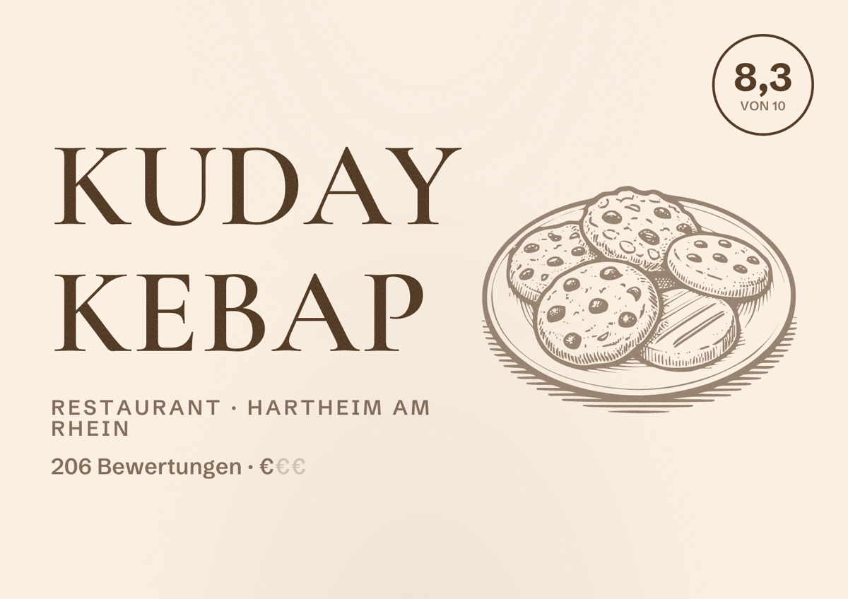 Illustriertes Poster von Kuday Kebap, Restaurant in Hartheim am Rhein: Bewertung 8,3 von 10 aus 206 Bewertungen, Preisniveau €