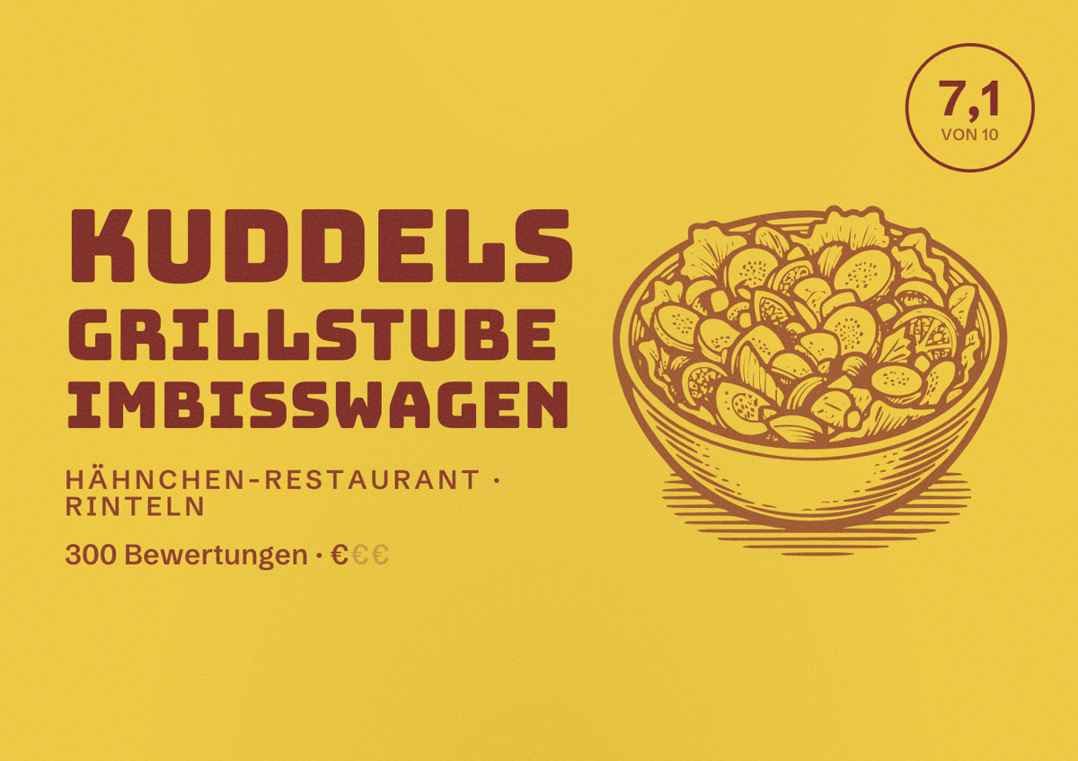 Illustriertes Poster von Kuddels Grillstube Imbisswagen, Hähnchen-Restaurant in Rinteln: Bewertung 7,1 von 10 aus 300 Bewertungen, Preisniveau €