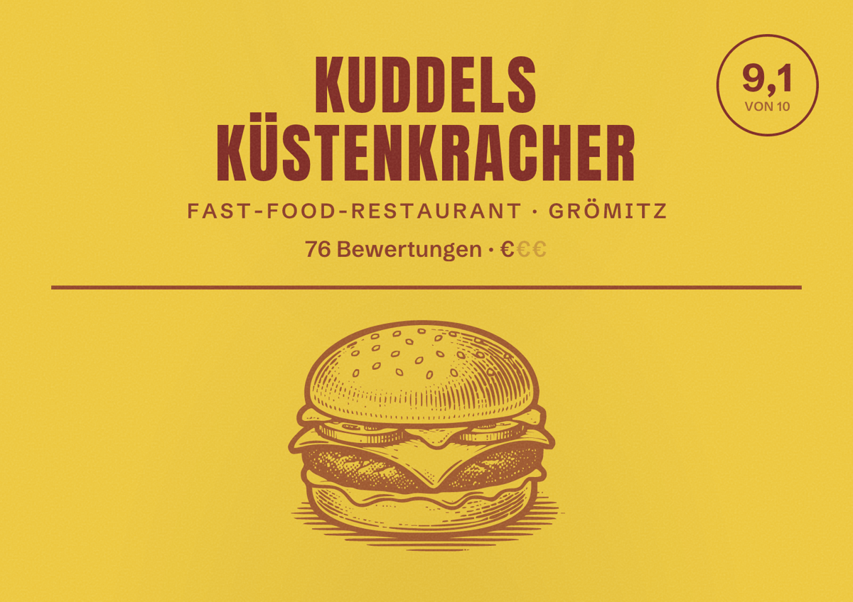 Illustriertes Poster von Kuddels Küstenkracher, Fast-Food-Restaurant in Grömitz: Bewertung 9,1 von 10 aus 76 Bewertungen, Preisniveau €