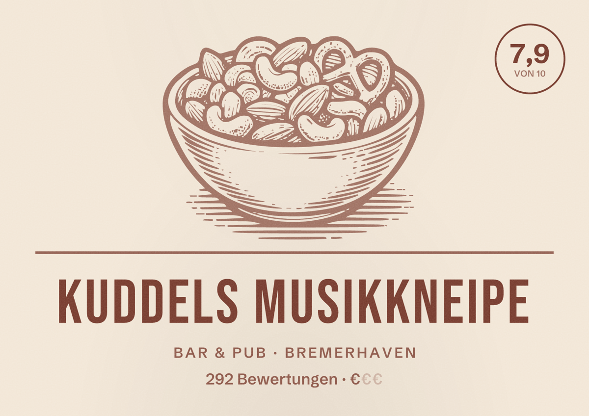Illustriertes Poster von Kuddels Musikkneipe, Bar & Pub in Bremerhaven: Bewertung 7,9 von 10 aus 292 Bewertungen, Preisniveau €