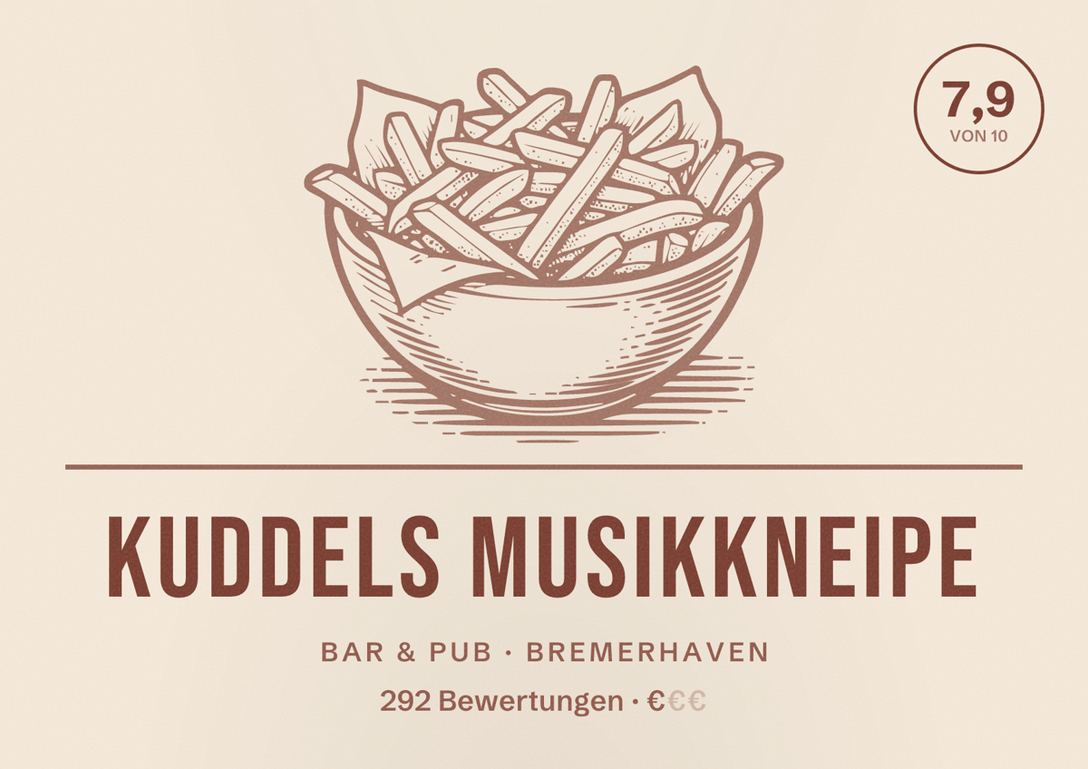 Illustriertes Poster von Kuddels Musikkneipe, Bar & Pub in Bremerhaven: Bewertung 7,9 von 10 aus 292 Bewertungen, Preisniveau €