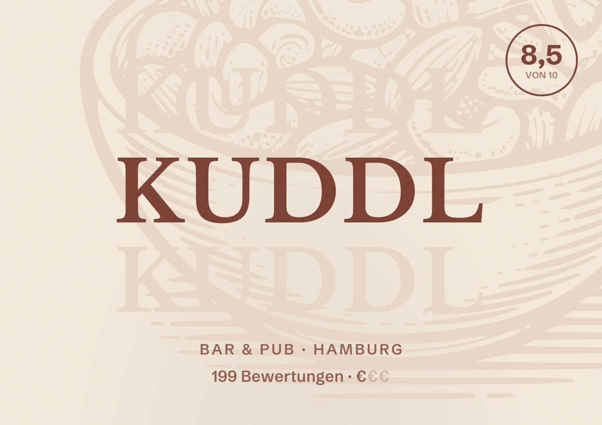 Illustriertes Poster von Kuddl, Bar & Pub in Hamburg: Bewertung 8,5 von 10 aus 199 Bewertungen, Preisniveau €