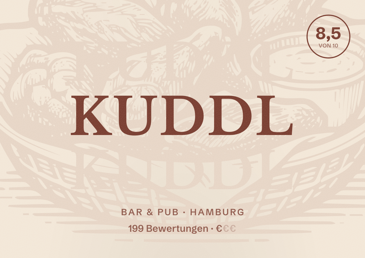 Illustriertes Poster von Kuddl, Bar & Pub in Hamburg: Bewertung 8,5 von 10 aus 199 Bewertungen, Preisniveau €