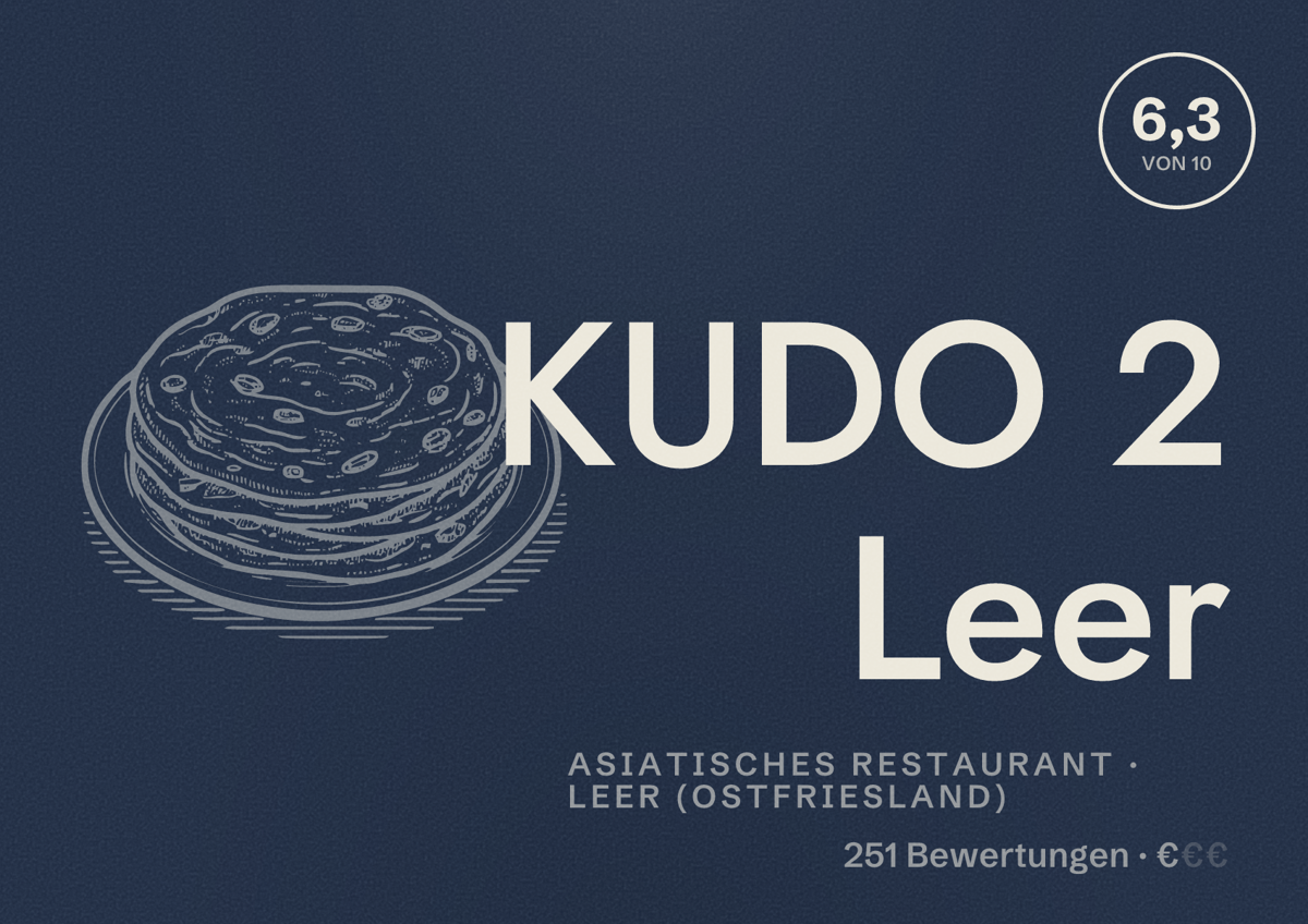 Illustriertes Poster von KUDO 2 Leer, Asiatisches Restaurant in Leer (Ostfriesland): Bewertung 6,3 von 10 aus 251 Bewertungen, Preisniveau €