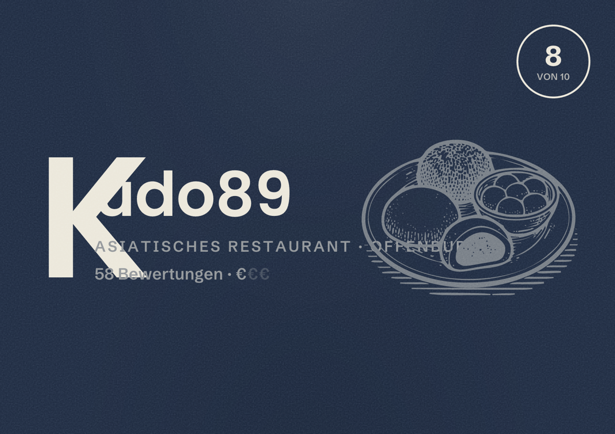 Illustriertes Poster von Kudo89, Asiatisches Restaurant in Offenburg: Bewertung 8 von 10 aus 58 Bewertungen, Preisniveau €
