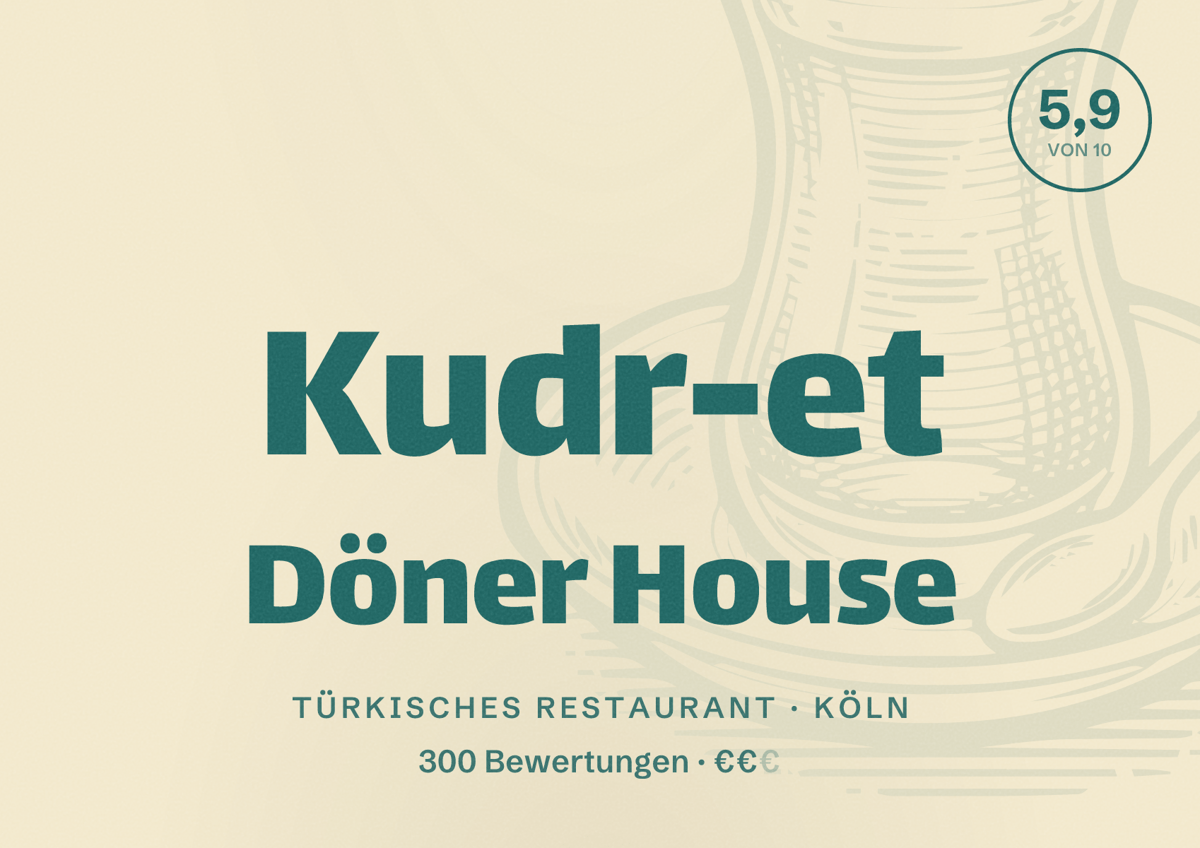 Illustriertes Poster von Kudr-et Döner House, Türkisches Restaurant in Köln: Bewertung 5,9 von 10 aus 300 Bewertungen, Preisniveau €€