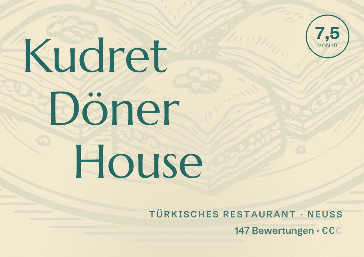 Illustriertes Poster von Kudret Döner House, Türkisches Restaurant in Neuss: Bewertung 7,5 von 10 aus 147 Bewertungen, Preisniveau €€