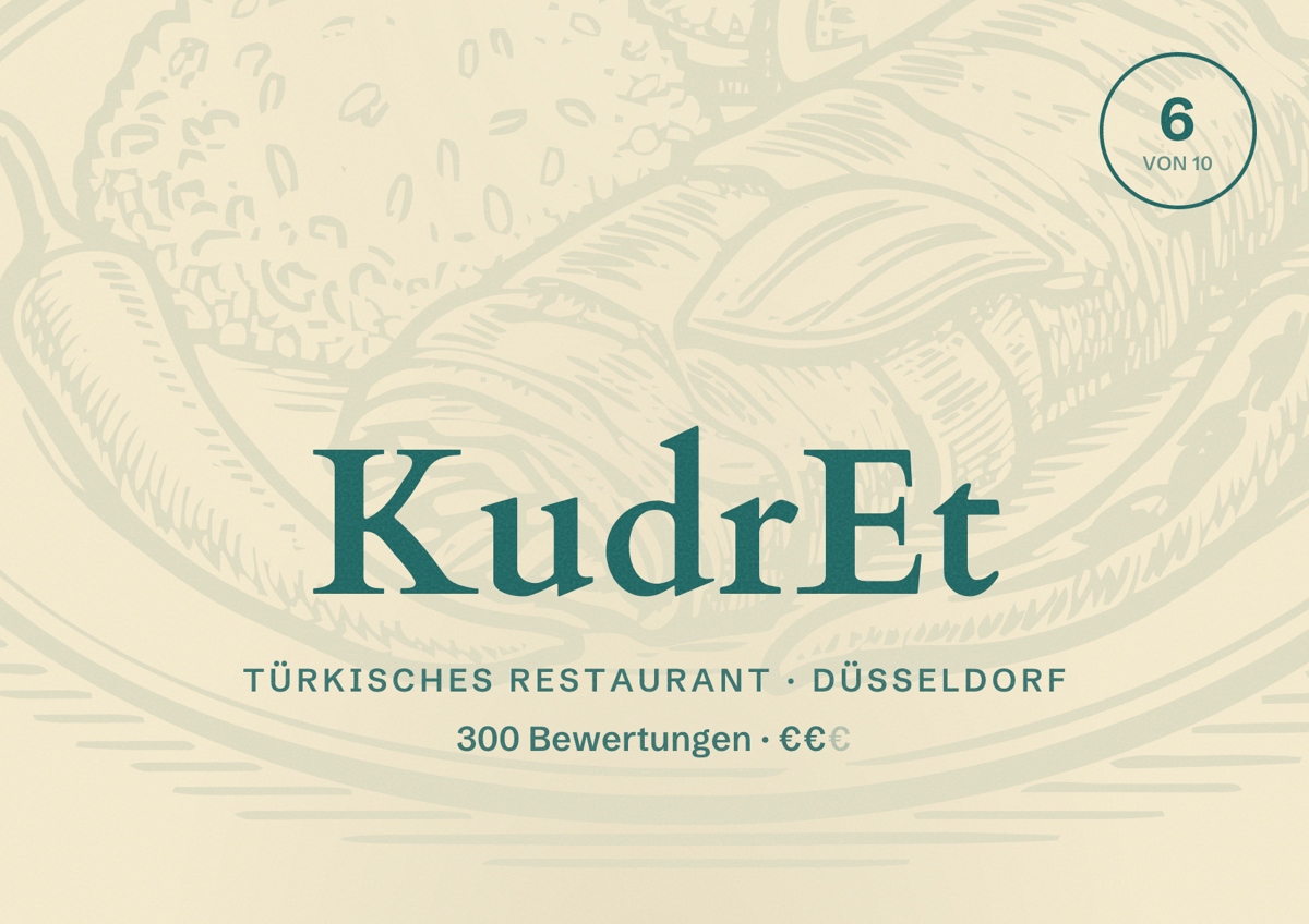 Illustriertes Poster von KudrEt, Türkisches Restaurant in Düsseldorf: Bewertung 6,0 von 10 aus 300 Bewertungen, Preisniveau €€