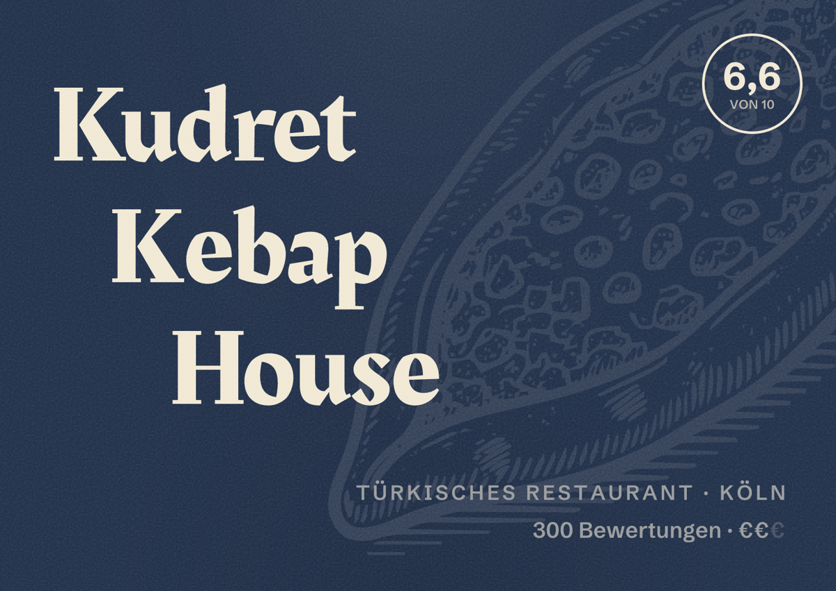 Illustriertes Poster von Kudret Kebap House, Türkisches Restaurant in Köln: Bewertung 6,6 von 10 aus 300 Bewertungen, Preisniveau €€