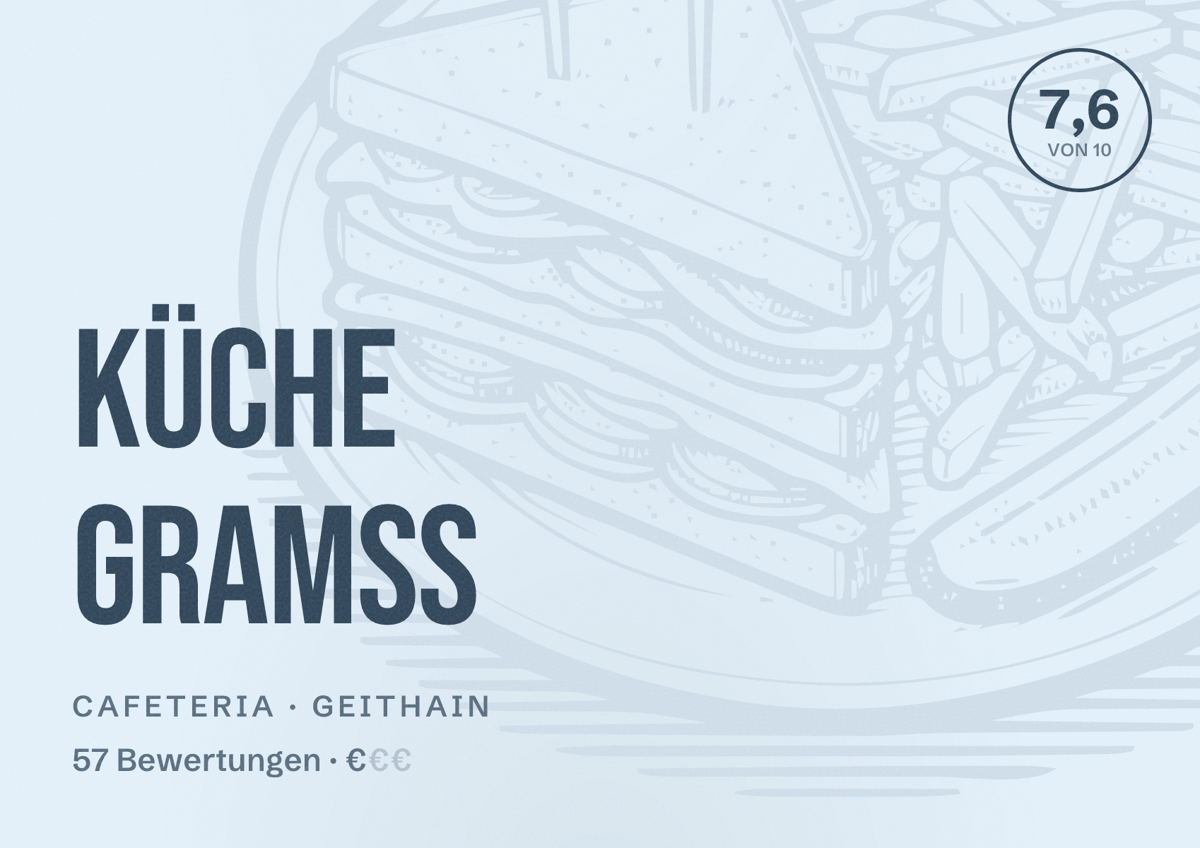 Illustriertes Poster von Küche Gramss, Cafeteria in Geithain: Bewertung 7,6 von 10 aus 57 Bewertungen, Preisniveau €