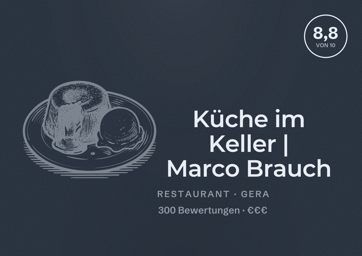Illustriertes Poster von Küche im Keller | Marco Brauch, Restaurant in Gera: Bewertung 8,8 von 10 aus 300 Bewertungen, Preisniveau €€€