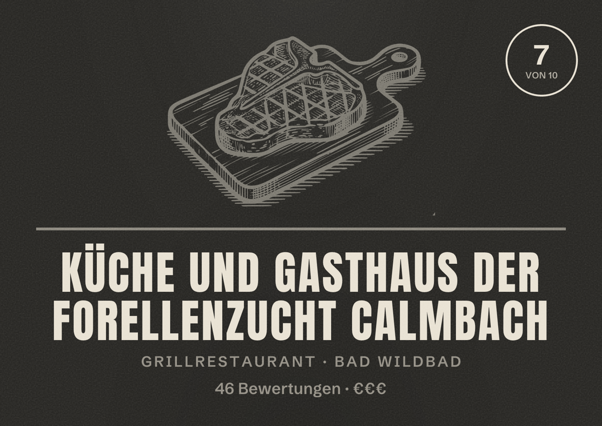 Illustriertes Poster von Küche und Gasthaus der Forellenzucht Calmbach, Grillrestaurant in Bad Wildbad: Bewertung 7 von 10 aus 46 Bewertungen, Preisniveau €€€
