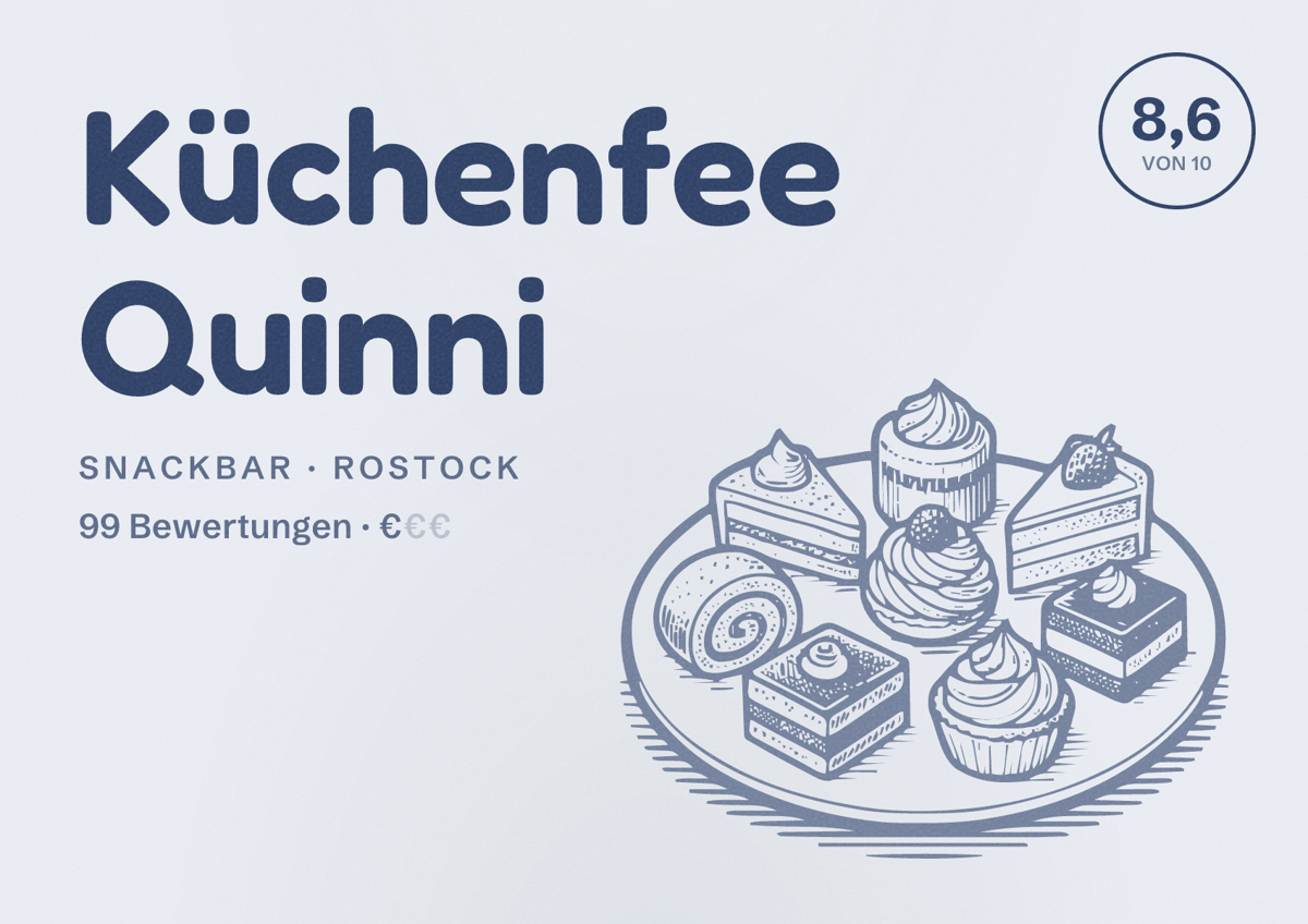 Illustriertes Poster von Küchenfee Quinni, Snackbar in Rostock: Bewertung 8,6 von 10 aus 99 Bewertungen, Preisniveau €
