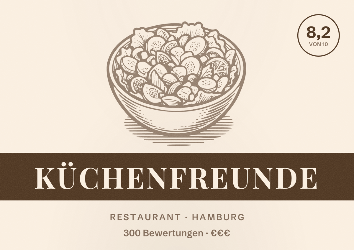 Illustriertes Poster von Küchenfreunde, Restaurant in Hamburg: Bewertung 8,2 von 10 aus 300 Bewertungen, Preisniveau €€€