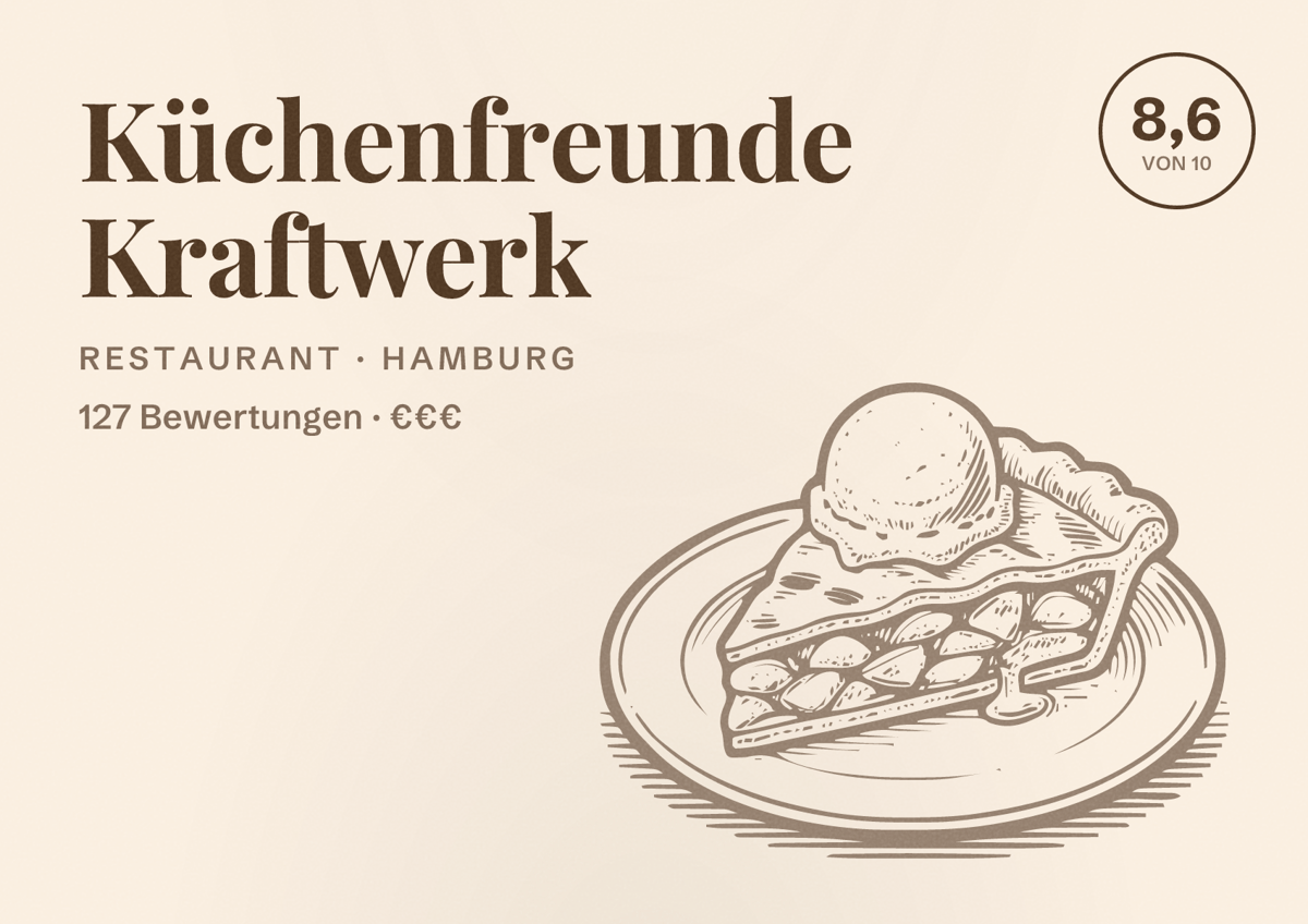 Illustriertes Poster von Küchenfreunde Kraftwerk, Restaurant in Hamburg: Bewertung 8,6 von 10 aus 127 Bewertungen, Preisniveau €€€