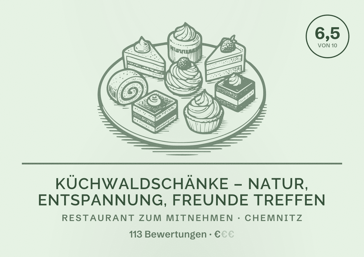 Illustriertes Poster von Küchwaldschänke – Natur, Entspannung, Freunde treffen, Restaurant zum Mitnehmen in Chemnitz: Bewertung 6,5 von 10 aus 113 Bewertungen, Preisniveau €