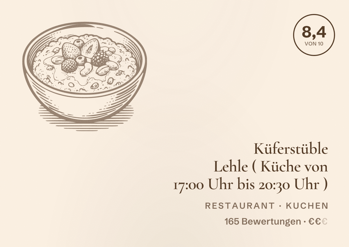 Illustriertes Poster von Küferstüble Lehle ( Küche von 17:00 Uhr bis 20:30 Uhr ), Restaurant in Kuchen: Bewertung 8,4 von 10 aus 165 Bewertungen, Preisniveau €€