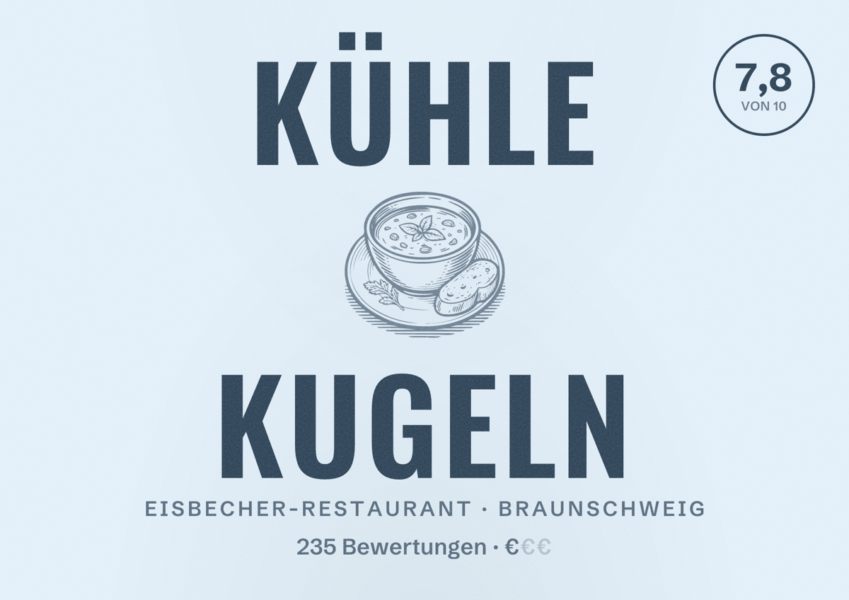 Illustriertes Poster von Kühle Kugeln, Eisbecher-Restaurant in Braunschweig: Bewertung 7,8 von 10 aus 235 Bewertungen, Preisniveau €