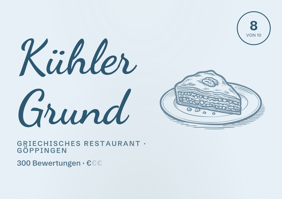 Illustriertes Poster von Kühler Grund, Griechisches Restaurant in Göppingen: Bewertung 8 von 10 aus 300 Bewertungen, Preisniveau €