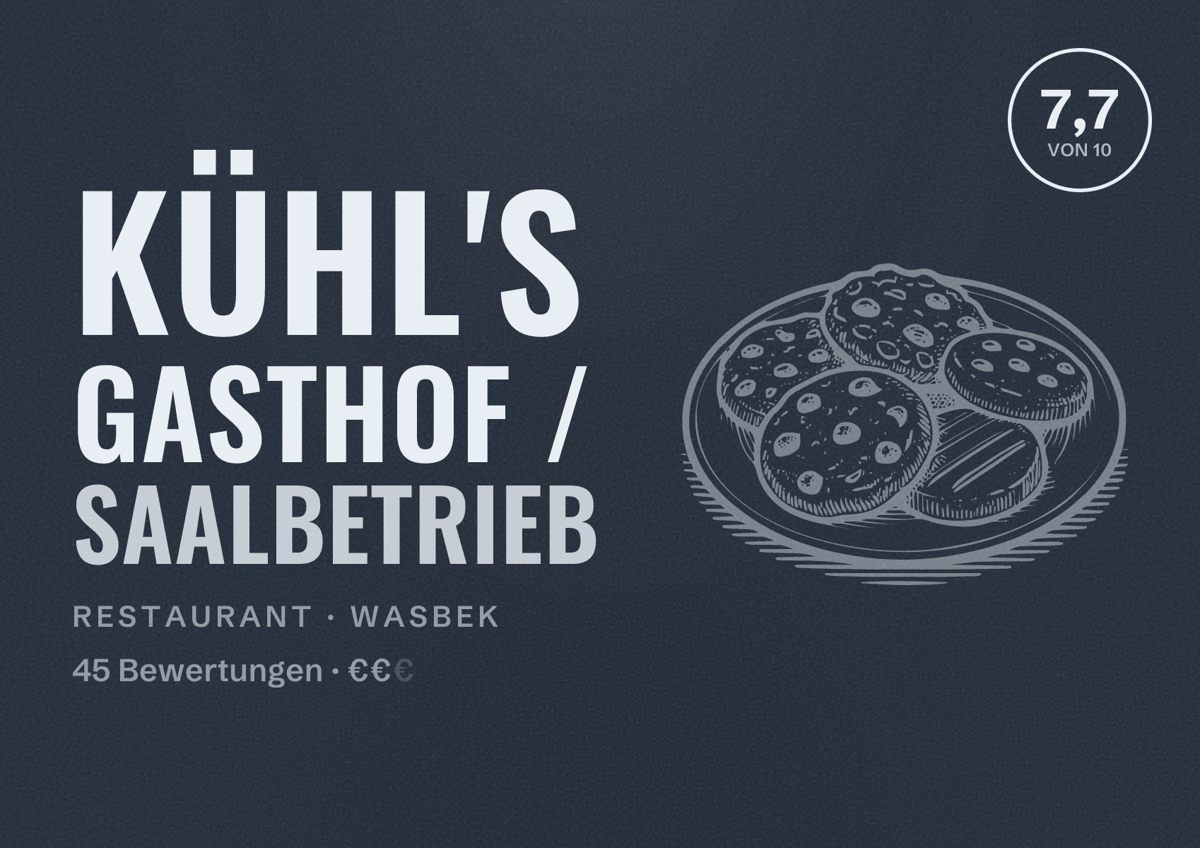 Illustriertes Poster von Kühl's Gasthof / Saalbetrieb, Restaurant in Wasbek: Bewertung 7,7 von 10 aus 45 Bewertungen, Preisniveau €€
