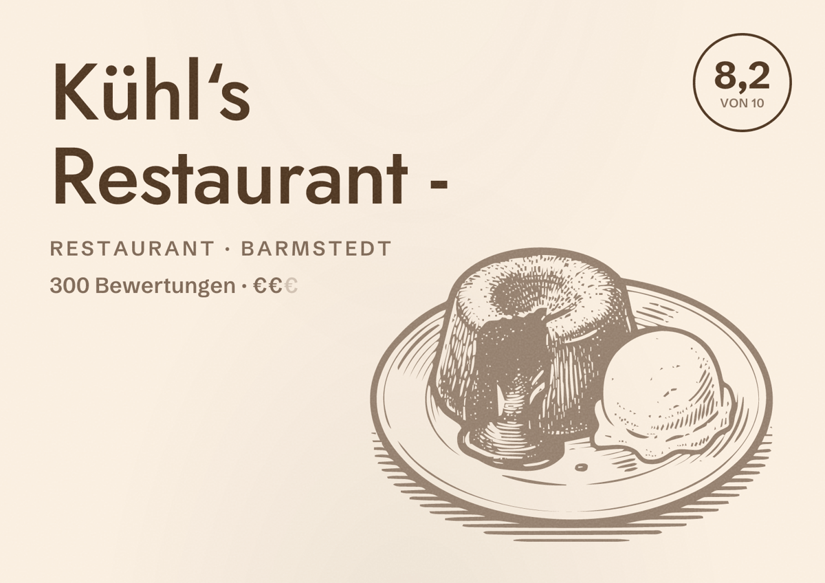 Illustriertes Poster von Kühl‘s Restaurant -, Restaurant in Barmstedt: Bewertung 8,2 von 10 aus 300 Bewertungen, Preisniveau €€
