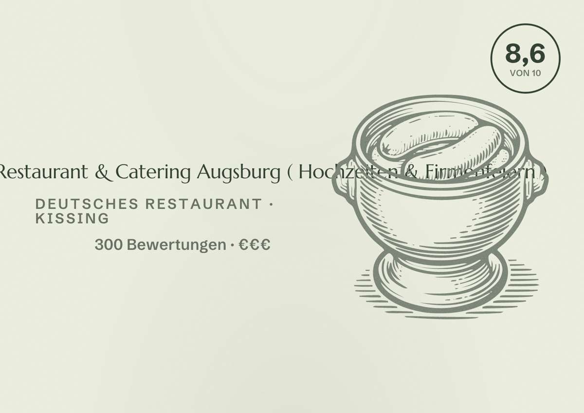 Illustriertes Poster von Kühners Landhaus - Restaurant & Catering Augsburg ( Hochzeiten & Firmenfeiern ), Deutsches Restaurant in Kissing: Bewertung 8,6 von 10 aus 300 Bewertungen, Preisniveau €€€