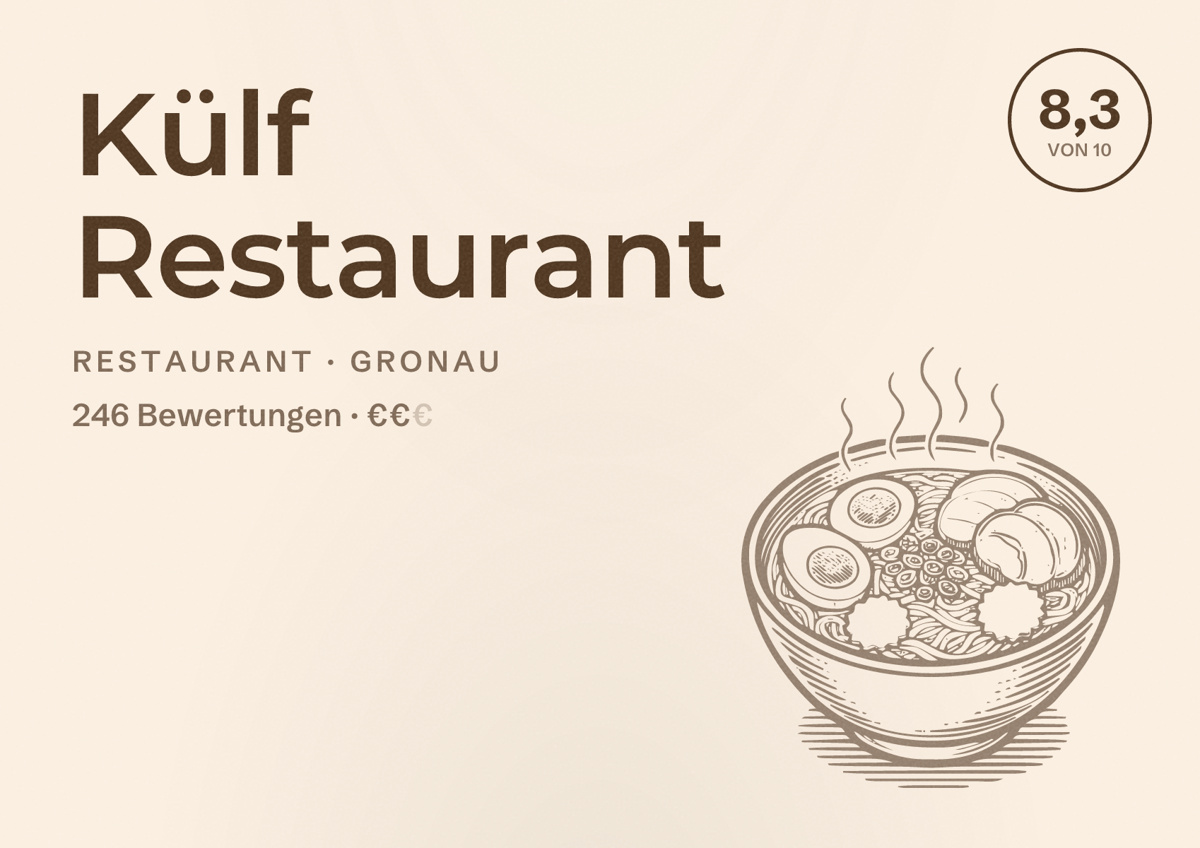 Illustriertes Poster von Külf Restaurant, Restaurant in Gronau: Bewertung 8,3 von 10 aus 246 Bewertungen, Preisniveau €€