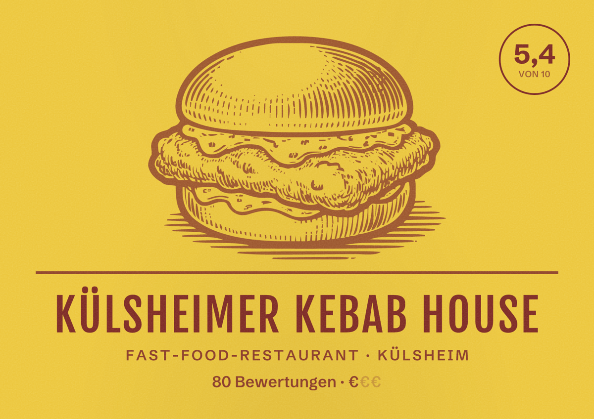 Illustriertes Poster von Külsheimer Kebab House, Fast-Food-Restaurant in Külsheim: Bewertung 5,4 von 10 aus 80 Bewertungen, Preisniveau €
