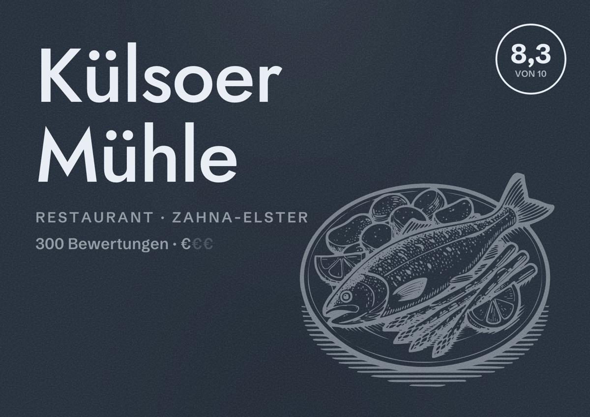 Illustriertes Poster von Külsoer Mühle, Restaurant in Zahna-Elster: Bewertung 8,3 von 10 aus 300 Bewertungen, Preisniveau €