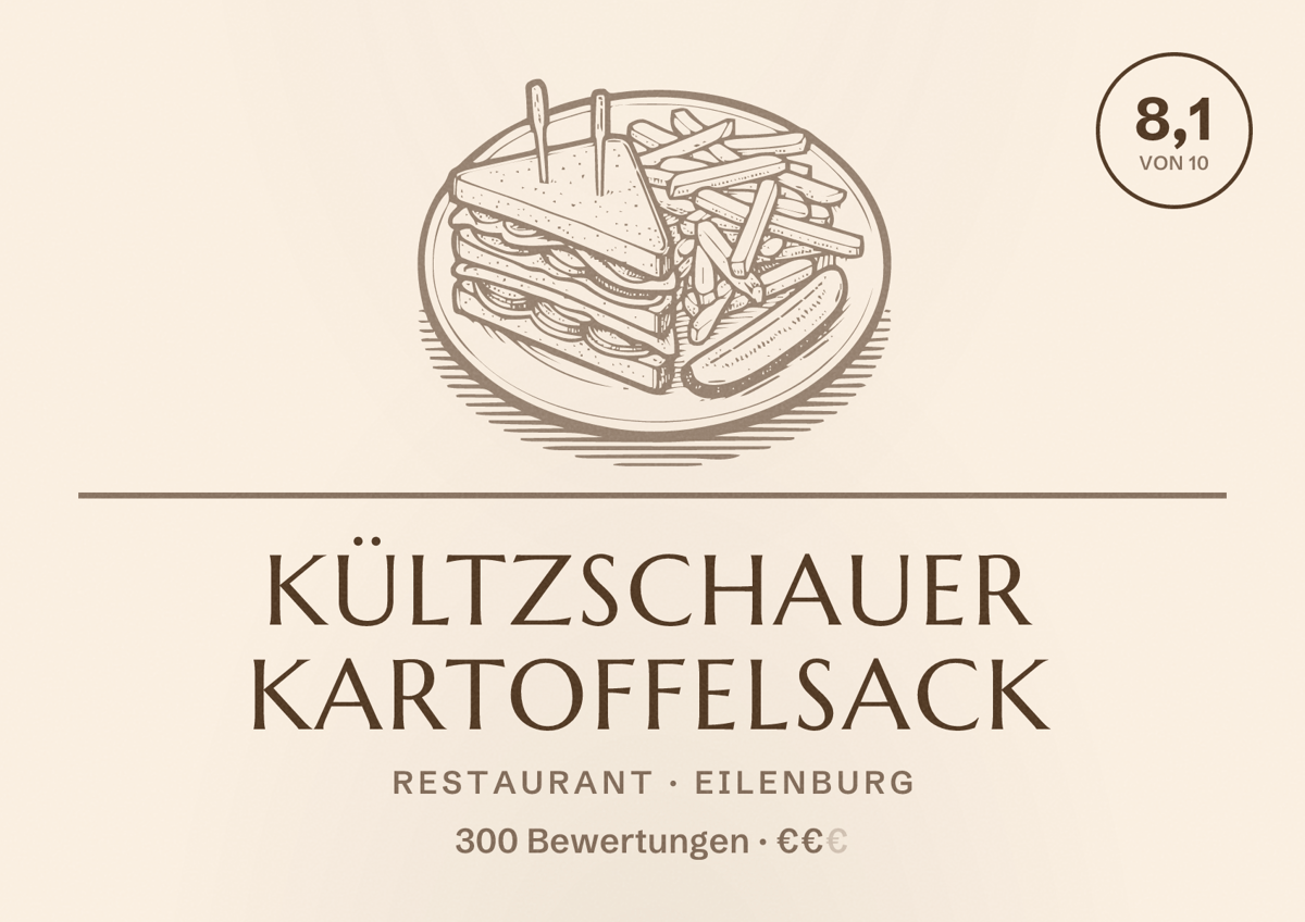Illustriertes Poster von Kültzschauer Kartoffelsack, Restaurant in Eilenburg: Bewertung 8,1 von 10 aus 300 Bewertungen, Preisniveau €€