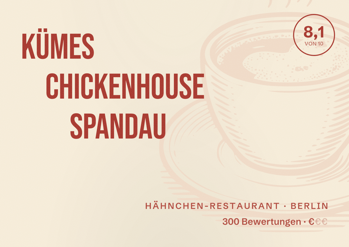 Illustriertes Poster von Kümes Chickenhouse Spandau, Hähnchen-Restaurant in Berlin: Bewertung 8,1 von 10 aus 300 Bewertungen, Preisniveau €