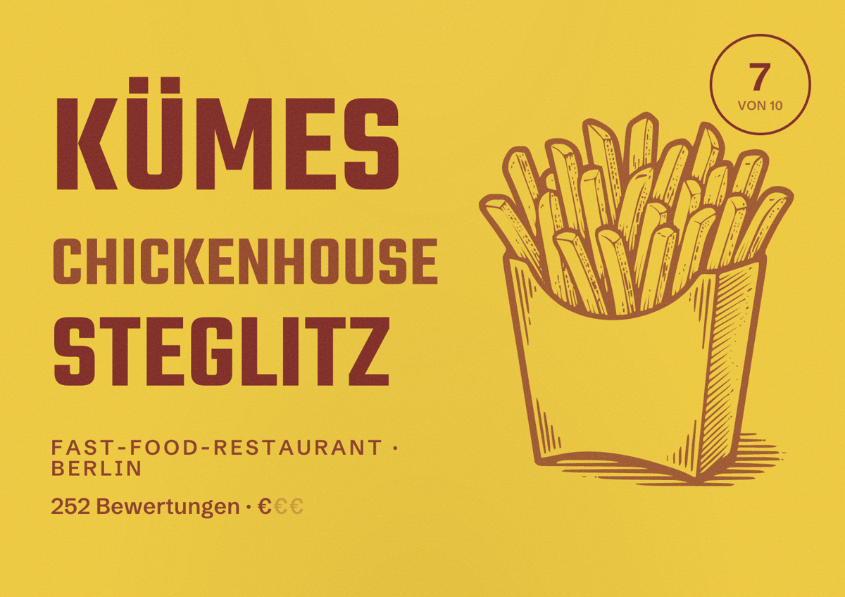 Illustriertes Poster von Kümes Chickenhouse Steglitz, Fast-Food-Restaurant in Berlin: Bewertung 7,0 von 10 aus 252 Bewertungen, Preisniveau €