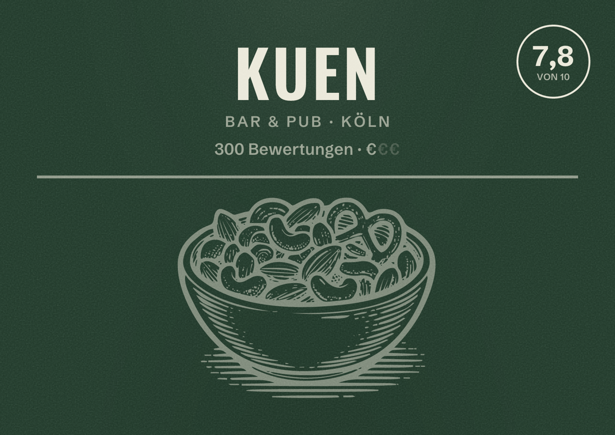 Illustriertes Poster von Kuen, Bar & Pub in Köln: Bewertung 7,8 von 10 aus 300 Bewertungen, Preisniveau €