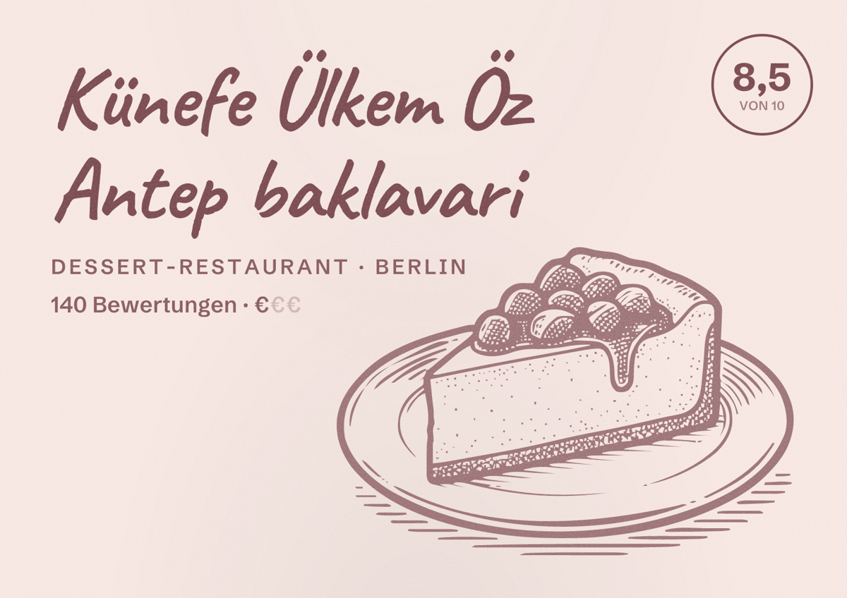 Illustriertes Poster von Künefe Ülkem Öz Antep baklavari, Dessert-Restaurant in Berlin: Bewertung 8,5 von 10 aus 140 Bewertungen, Preisniveau €