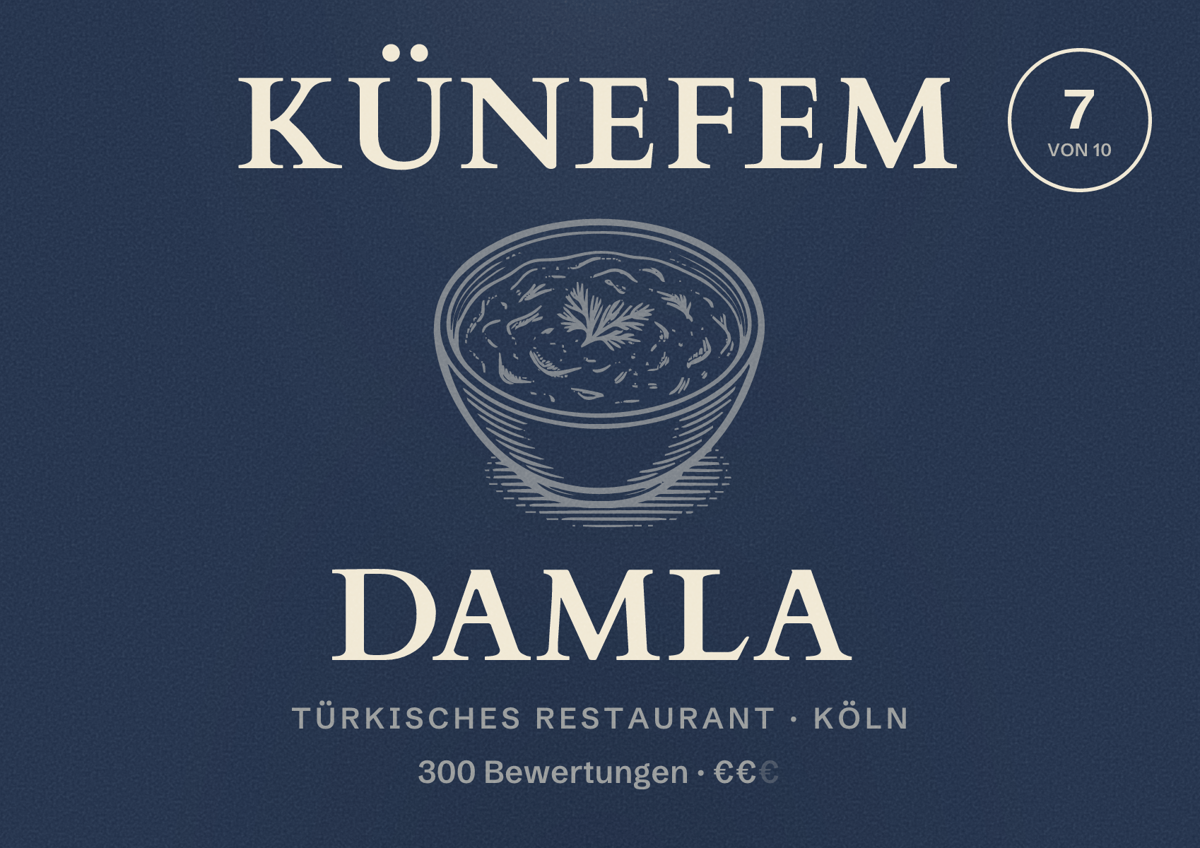 Illustriertes Poster von Künefem Damla, Türkisches Restaurant in Köln: Bewertung 7,0 von 10 aus 300 Bewertungen, Preisniveau €€