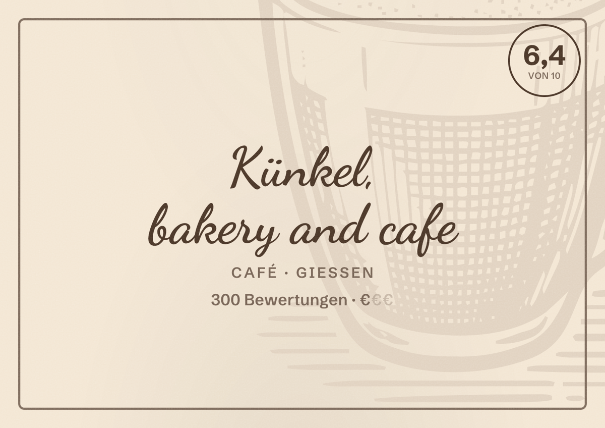 Illustriertes Poster von Künkel, bakery and cafe, Café in Gießen: Bewertung 6,4 von 10 aus 300 Bewertungen, Preisniveau €